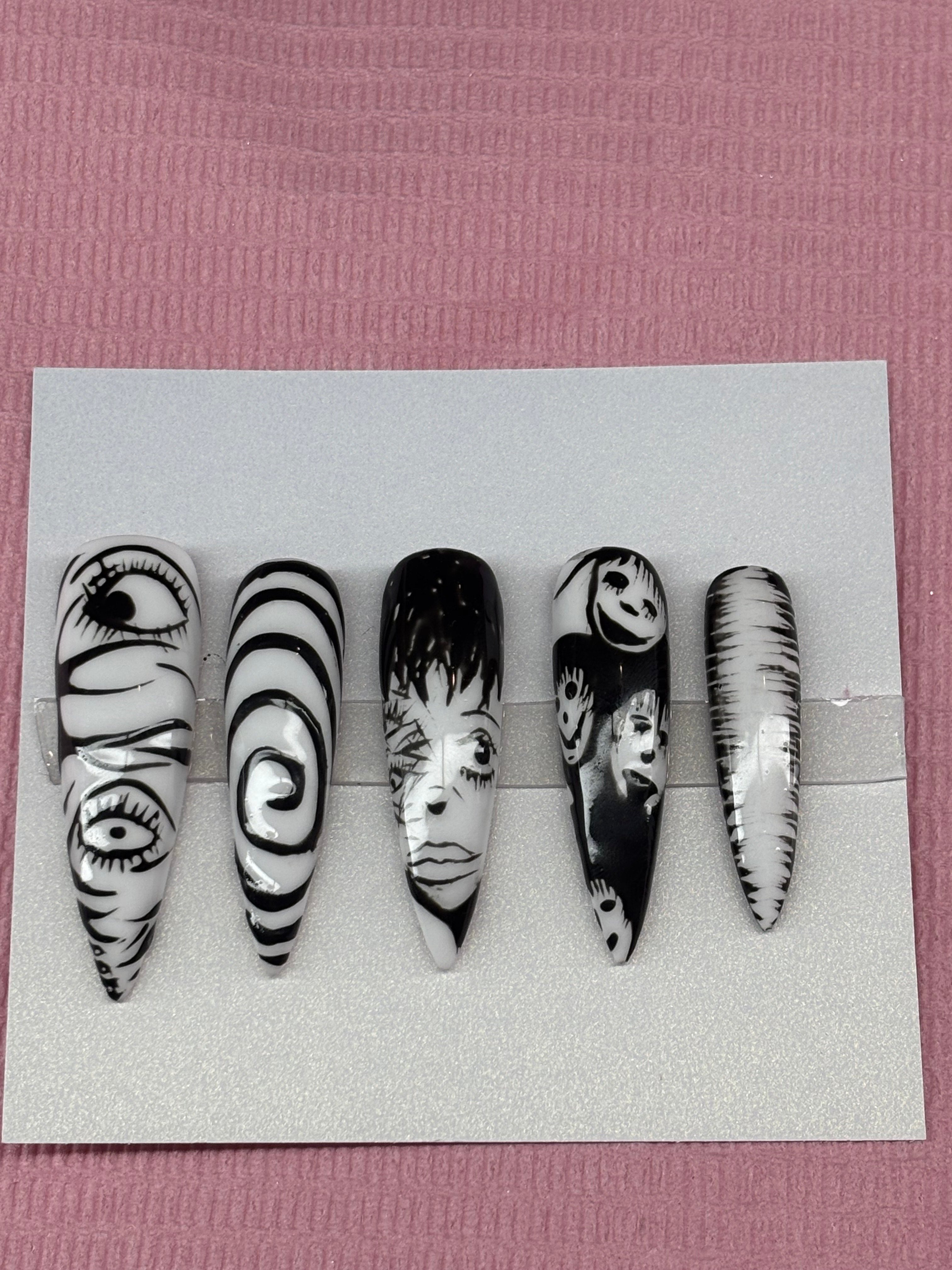 long black and white creepy press on nails