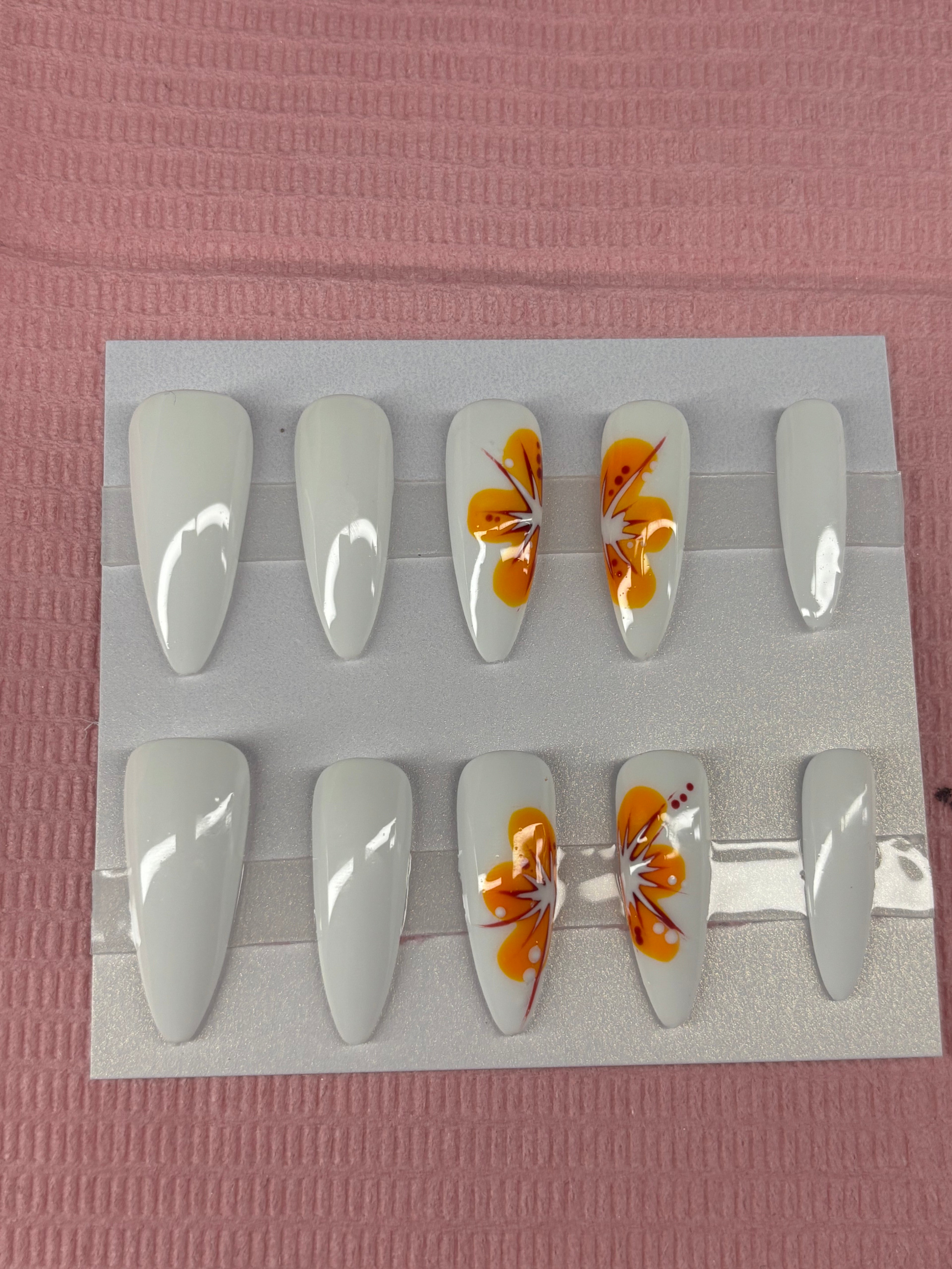 long white with orange flower press on nails