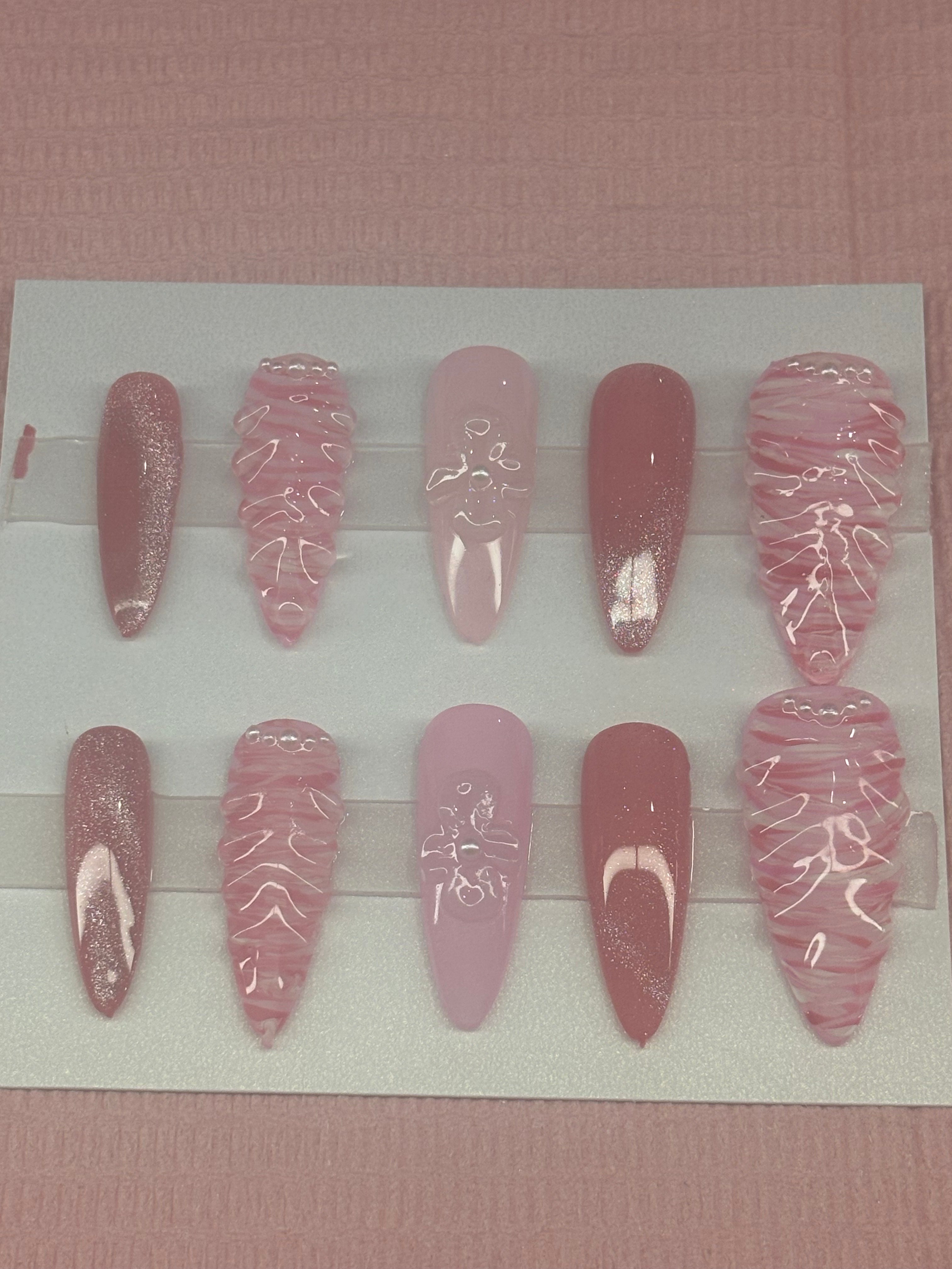 long pink seashell press on nails