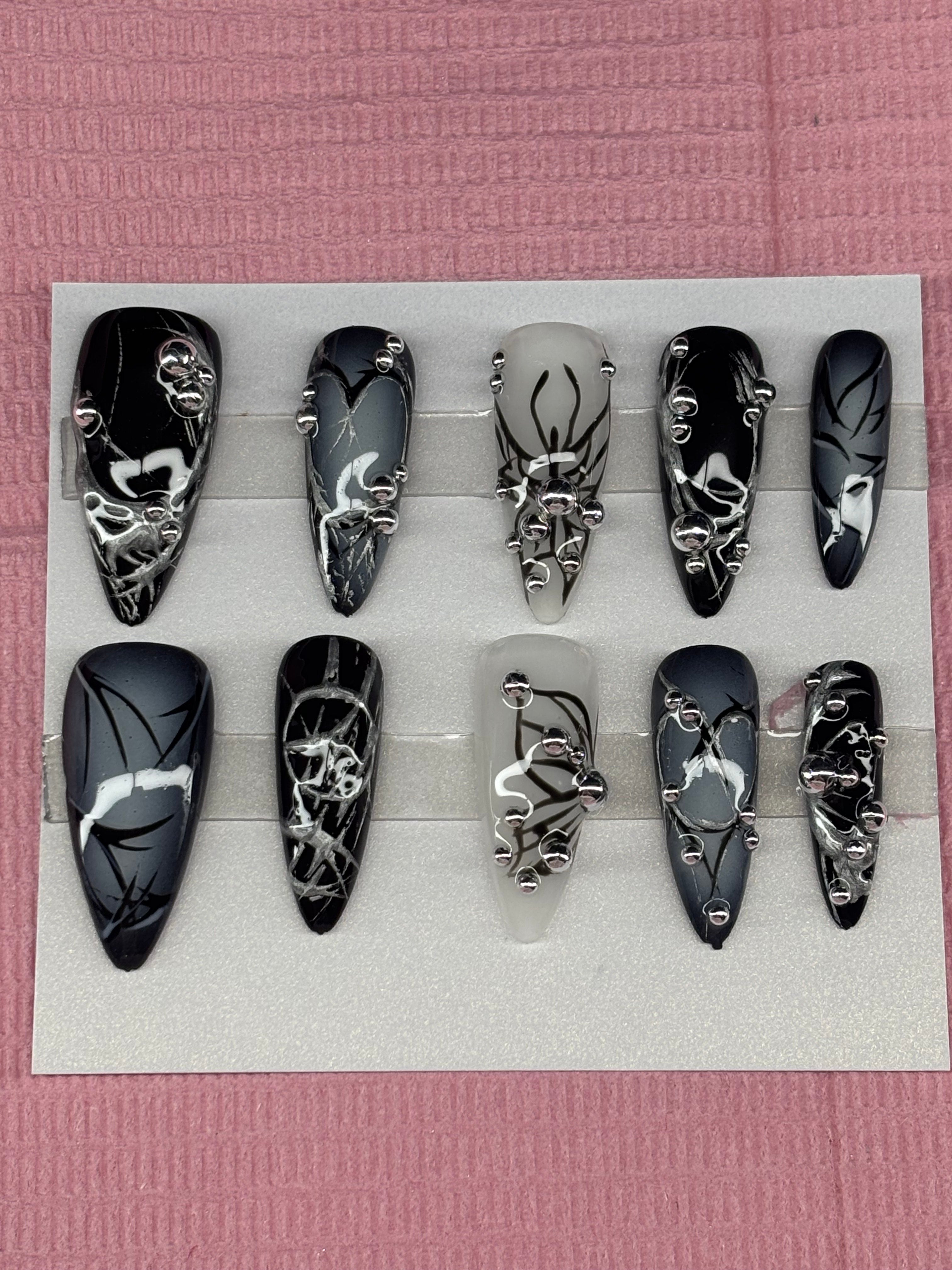 long butterfly black and white press on nails