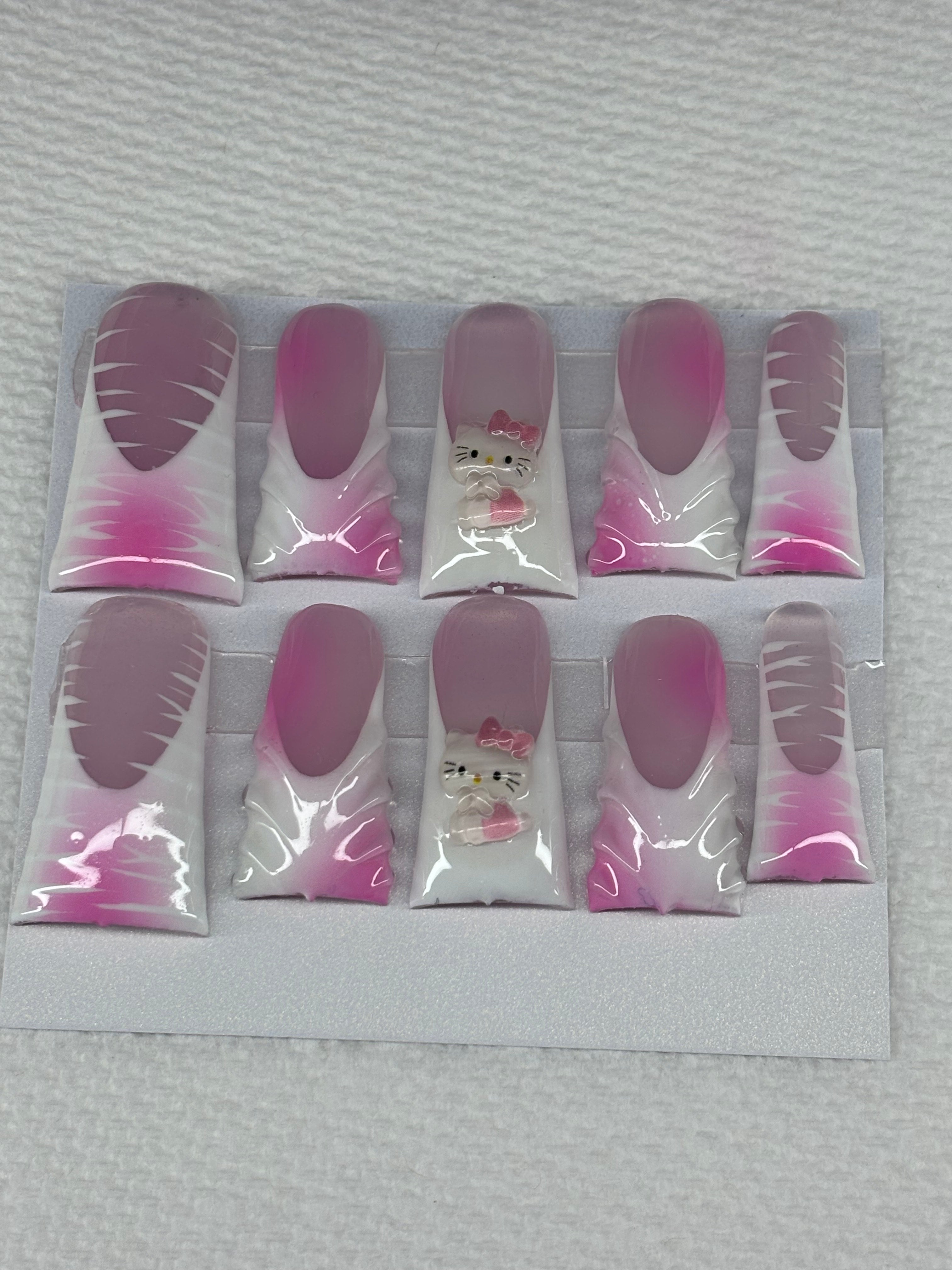 long white and pink hello kitty duck press on nails
