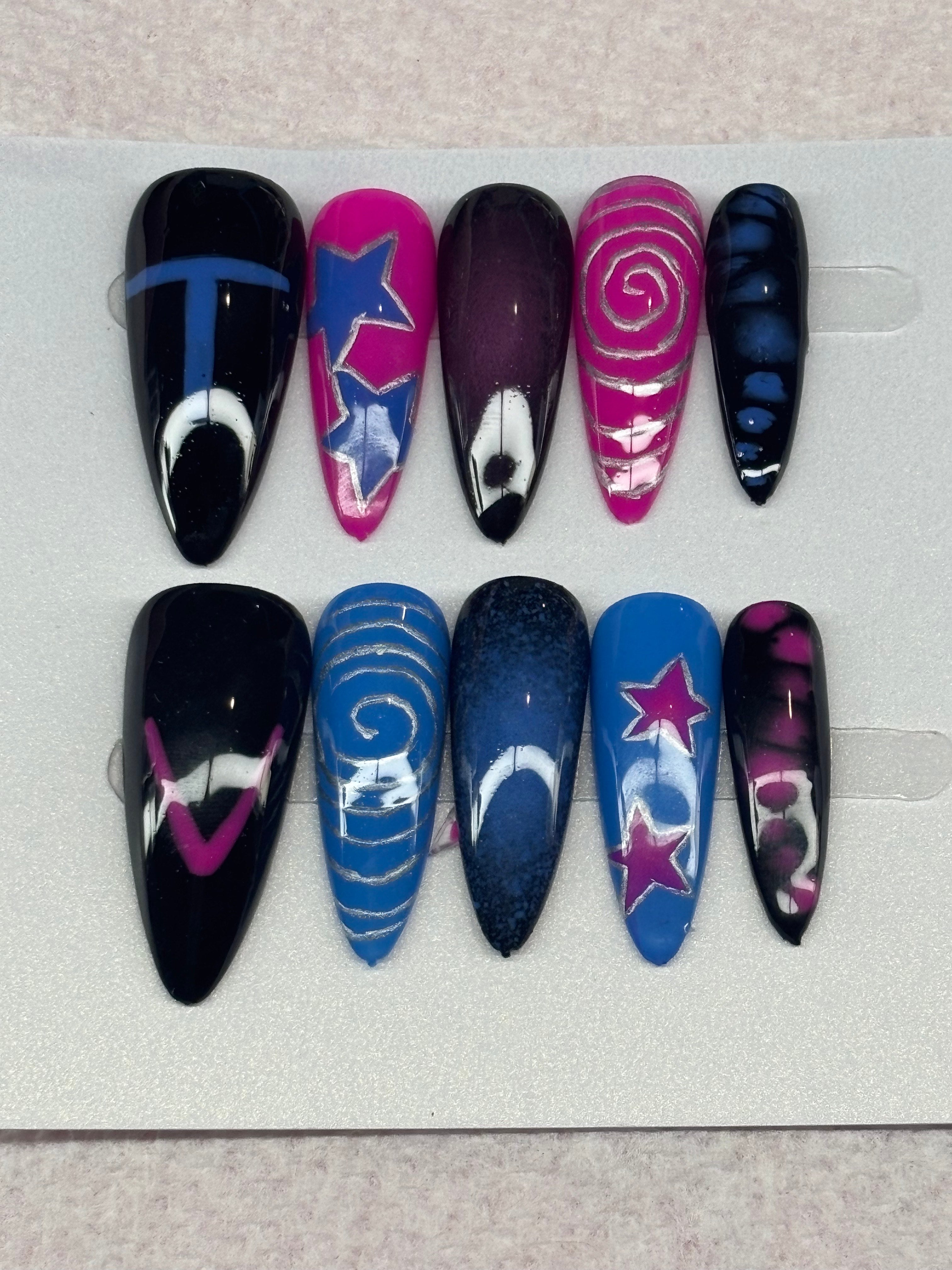 XL pink and blue tv girl press on nails